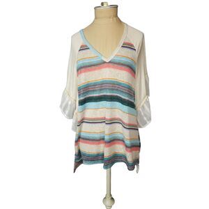 Hummingbird Beige Striped V Neck Tunic Hi-Low Hem Size Medium
